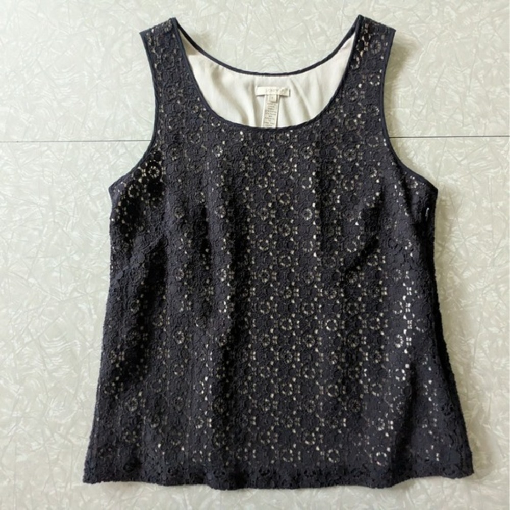 J.Crew Black/Cream Floral Lace Sleeveless Shell Top Side Zip Size 2‎